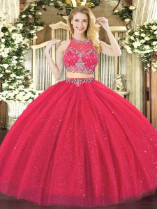 Floor Length Coral Red Quinceanera Dresses Tulle Sleeveless Beading