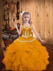 Custom Fit Ball Gowns Little Girls Pageant Dress Gold Straps Organza Sleeveless Floor Length Lace Up