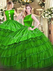 Dynamic Sleeveless Floor Length Embroidery and Ruffled Layers Clasp Handle Quinceanera Dress with Green