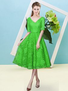 Green Empire V-neck Half Sleeves Lace Tea Length Lace Up Bowknot Quinceanera Court Dresses