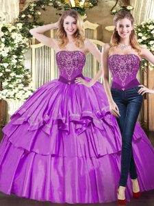 Cheap Eggplant Purple Strapless Lace Up Beading and Ruffled Layers Quinceanera Dress Sleeveless