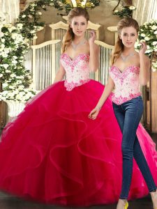 Fashionable Sweetheart Sleeveless Vestidos de Quinceanera Floor Length Beading and Ruffles Hot Pink Organza