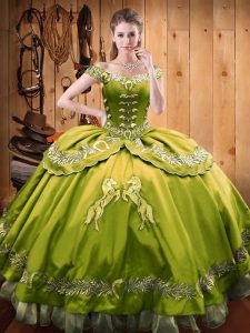 Romantic Olive Green Satin and Organza Lace Up Quince Ball Gowns Sleeveless Floor Length Beading and Embroidery