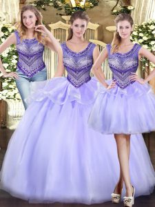 Custom Designed Scoop Sleeveless Lace Up Quinceanera Gowns Lavender Tulle