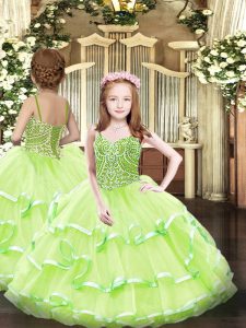 Organza Sleeveless Floor Length Little Girl Pageant Gowns and Beading and Ruffled Layers