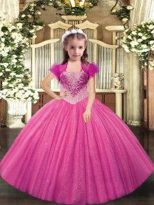 Hot Pink Lace Up Straps Beading Little Girls Pageant Gowns Tulle Sleeveless