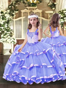 Perfect Sleeveless Floor Length Beading and Ruffled Layers Lace Up Little Girl Pageant Gowns with Lavender