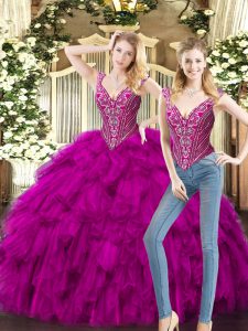 Modern Two Pieces Quince Ball Gowns Fuchsia V-neck Organza Sleeveless Floor Length Lace Up