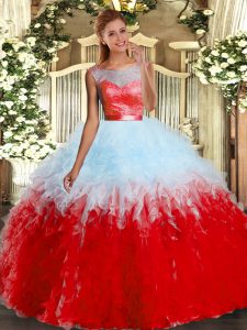 Discount Scoop Sleeveless 15 Quinceanera Dress Floor Length Lace and Ruffles Multi-color Organza