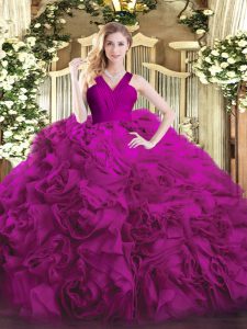 Fuchsia Zipper V-neck Ruffles Quince Ball Gowns Organza and Fabric With Rolling Flowers Sleeveless