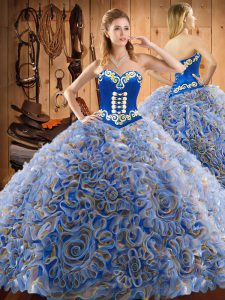 Free and Easy Multi-color Ball Gowns Satin and Fabric With Rolling Flowers Sweetheart Sleeveless Embroidery Lace Up Quinceanera Gowns Brush Train