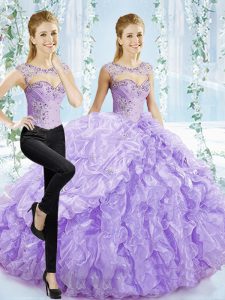 Romantic Lavender Ball Gowns Sweetheart Sleeveless Organza Brush Train Lace Up Beading and Pick Ups Quinceanera Dress