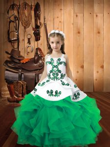 Straps Sleeveless Kids Formal Wear Floor Length Embroidery and Ruffles Turquoise Organza