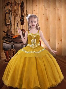 Floor Length Gold Little Girl Pageant Dress Organza Sleeveless Embroidery