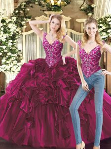 Fuchsia Two Pieces Beading and Ruffles 15 Quinceanera Dress Lace Up Organza Sleeveless Floor Length