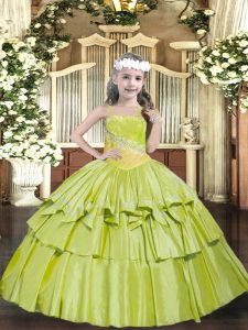 Straps Sleeveless Child Pageant Dress Floor Length Beading and Ruffled Layers Yellow Green Organza