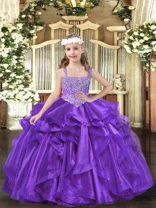 Purple Lace Up Straps Beading and Ruffles Little Girl Pageant Gowns Organza Sleeveless