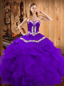 Classical Purple Sleeveless Satin and Organza Lace Up Sweet 16 Quinceanera Dress for Military Ball and Sweet 16 and Quinceanera