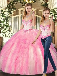 Luxurious Rose Pink Sweetheart Neckline Beading and Ruffles Quinceanera Dresses Sleeveless Lace Up