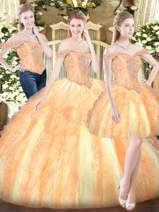Glamorous Off The Shoulder Sleeveless 15th Birthday Dress Floor Length Ruffles Gold Organza