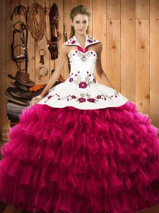 Elegant Halter Top Sleeveless Quince Ball Gowns Floor Length Embroidery and Ruffled Layers Fuchsia Satin and Organza