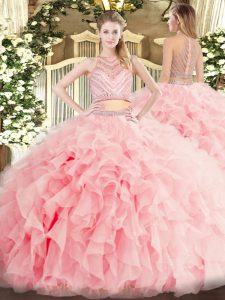 Sleeveless Tulle Floor Length Zipper Quince Ball Gowns in Baby Pink with Beading and Ruffles