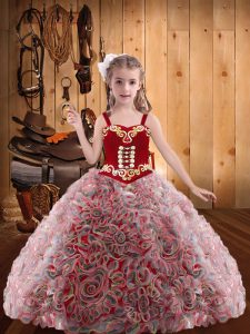 Floor Length Red Pageant Dress Womens Fabric With Rolling Flowers Sleeveless Embroidery and Ruffles