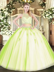 Simple Floor Length Yellow Green Quinceanera Dresses Tulle Sleeveless Beading