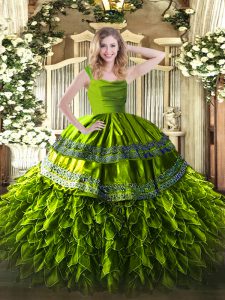 Top Selling Organza Straps Sleeveless Zipper Beading and Lace and Ruffles Quinceanera Dresses in Olive Green