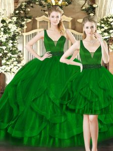 Noble Dark Green Lace Up 15th Birthday Dress Beading and Ruffles Sleeveless Floor Length