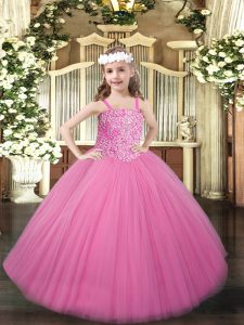 Amazing Straps Sleeveless Kids Formal Wear Floor Length Beading Rose Pink Tulle