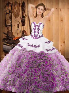 Chic Strapless Sleeveless Sweep Train Lace Up Quince Ball Gowns Multi-color Satin and Fabric With Rolling Flowers
