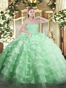 Attractive Apple Green Sleeveless Floor Length Beading and Ruffled Layers Zipper Quinceanera Gowns