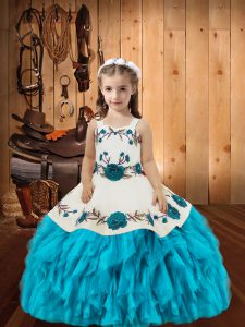 Trendy Baby Blue Sleeveless Floor Length Embroidery and Ruffles Lace Up Girls Pageant Dresses