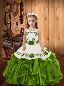 Olive Green Ball Gowns Straps Sleeveless Organza Floor Length Lace Up Embroidery and Ruffles Girls Pageant Dresses