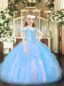 Baby Blue Ball Gowns Beading and Ruffles Pageant Dress for Girls Lace Up Organza Sleeveless Floor Length