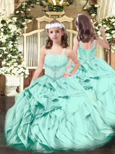 Super Apple Green Ball Gowns Organza Straps Sleeveless Beading and Ruffles Floor Length Lace Up Little Girls Pageant Gowns
