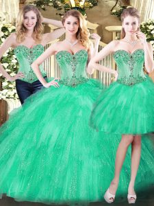 Chic Green Sleeveless Floor Length Beading and Ruffles Lace Up Quinceanera Dress