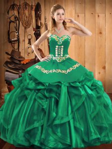 Green Sweetheart Lace Up Embroidery and Ruffles Quinceanera Dress Sleeveless