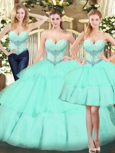 Noble Apple Green Three Pieces Beading and Ruffled Layers Sweet 16 Quinceanera Dress Lace Up Organza Sleeveless Floor Length