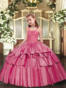 Sleeveless Floor Length Beading and Ruffled Layers Lace Up Little Girls Pageant Dress with Rose Pink