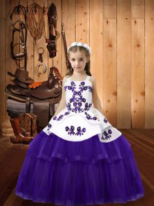 Purple Ball Gowns Tulle Straps Sleeveless Embroidery Floor Length Lace Up Little Girls Pageant Gowns
