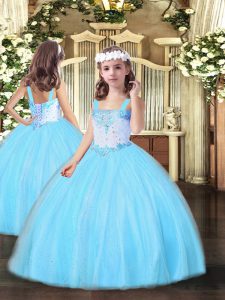Straps Sleeveless Kids Pageant Dress Floor Length Beading Aqua Blue Tulle