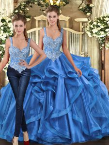 Floor Length Blue Ball Gown Prom Dress Straps Sleeveless Lace Up
