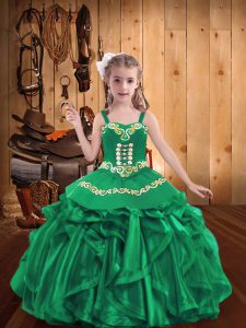 Turquoise Organza Lace Up Girls Pageant Dresses Sleeveless Floor Length Embroidery and Ruffles