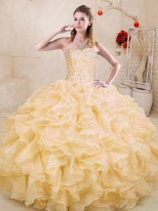 On Sale Gold Sleeveless Organza Lace Up Sweet 16 Dress for Sweet 16 and Quinceanera