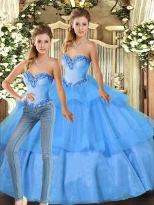 Noble Baby Blue Ball Gowns Beading and Ruffled Layers Quinceanera Dresses Lace Up Organza Sleeveless Floor Length