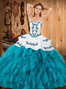 Teal Sleeveless Floor Length Embroidery and Ruffles Lace Up Sweet 16 Dress