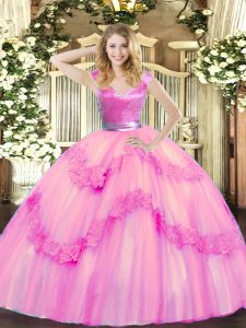 Rose Pink Vestidos de Quinceanera Military Ball and Sweet 16 and Quinceanera with Beading and Appliques V-neck Sleeveless Zipper