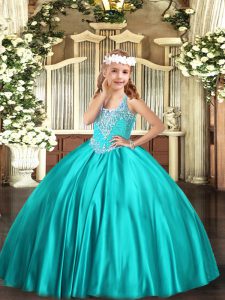 Turquoise Sleeveless Beading Floor Length Kids Formal Wear
